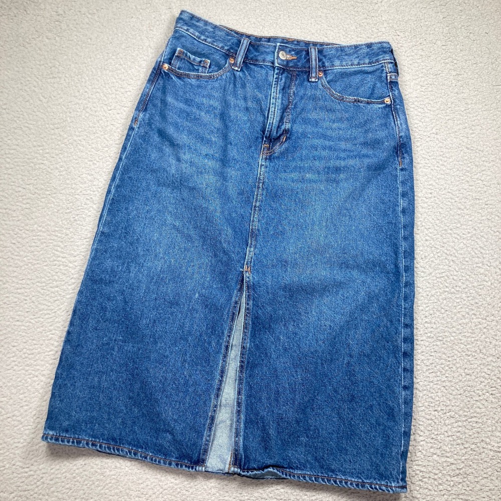 Old Navy Denim Midi Skirt Womens 10 Blue High Rise Secret Smooth Pockets Slit